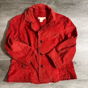 Coral Red Western Vintage Corduroy Jacket with Ruffle Trim Textured Size XL